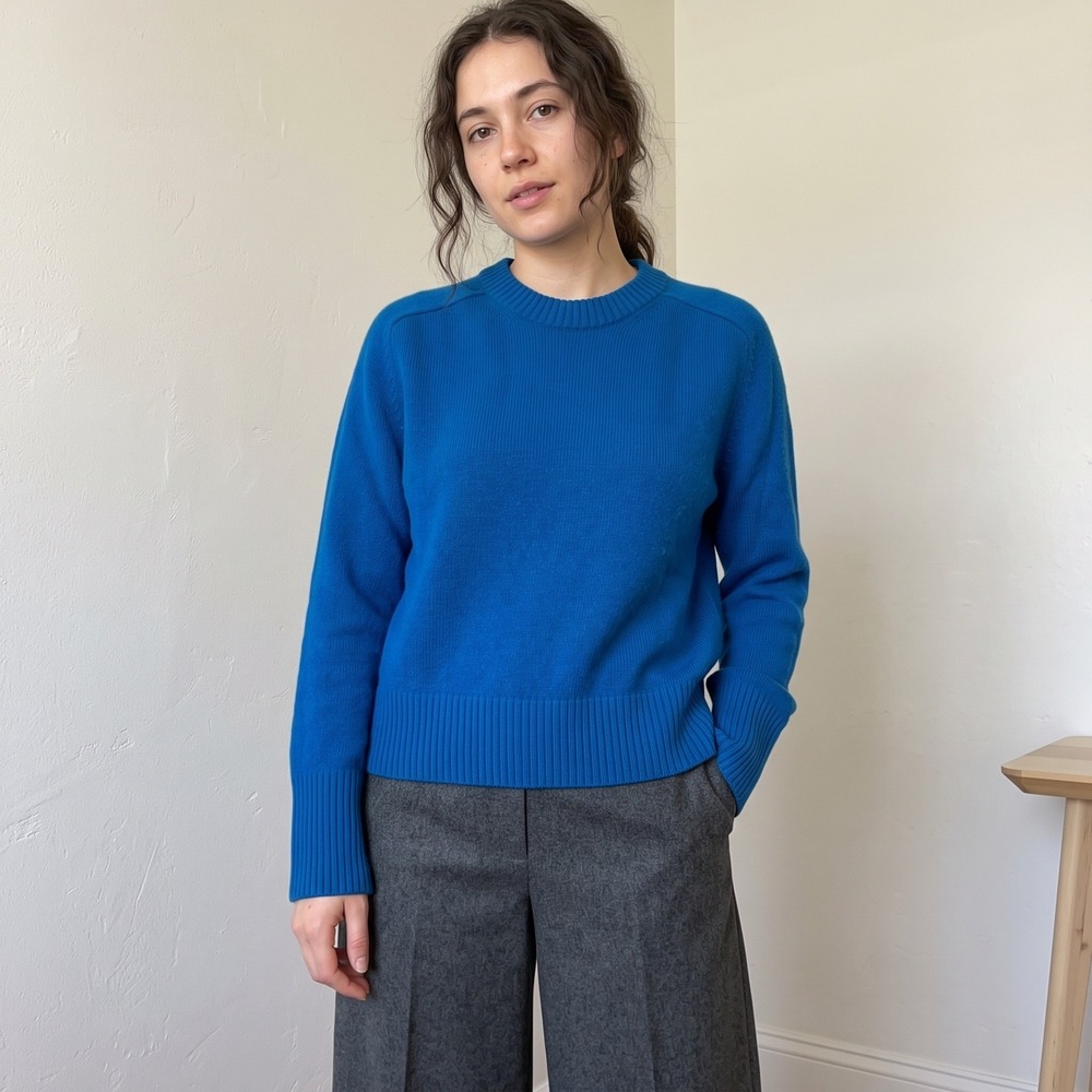 COS Womens Sweater Medium Blue Cashmere Crew Neck Ribbed Trim Quiet Luxury